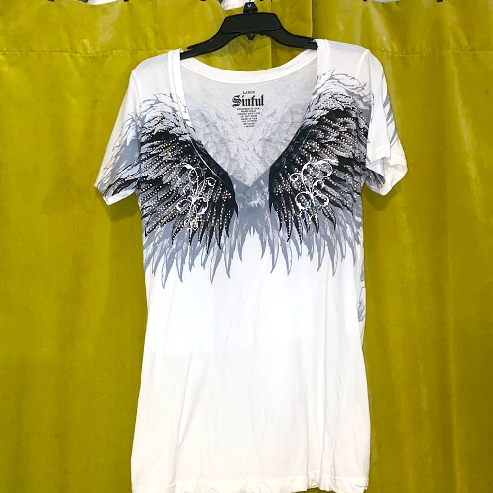 🖤SINFUL angel wings tee🖤 BLING🖤RHINESTONES🖤 sz L